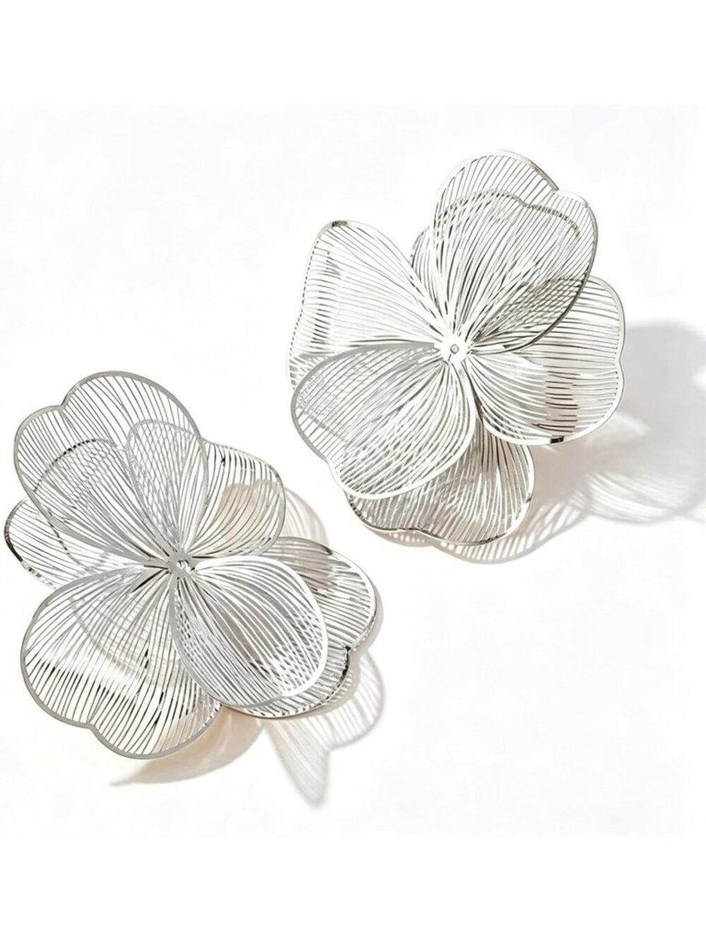 Women's Silver Flower Stud Filigree Statement Large Floral Petal Earrings - Picture 5 of 6
